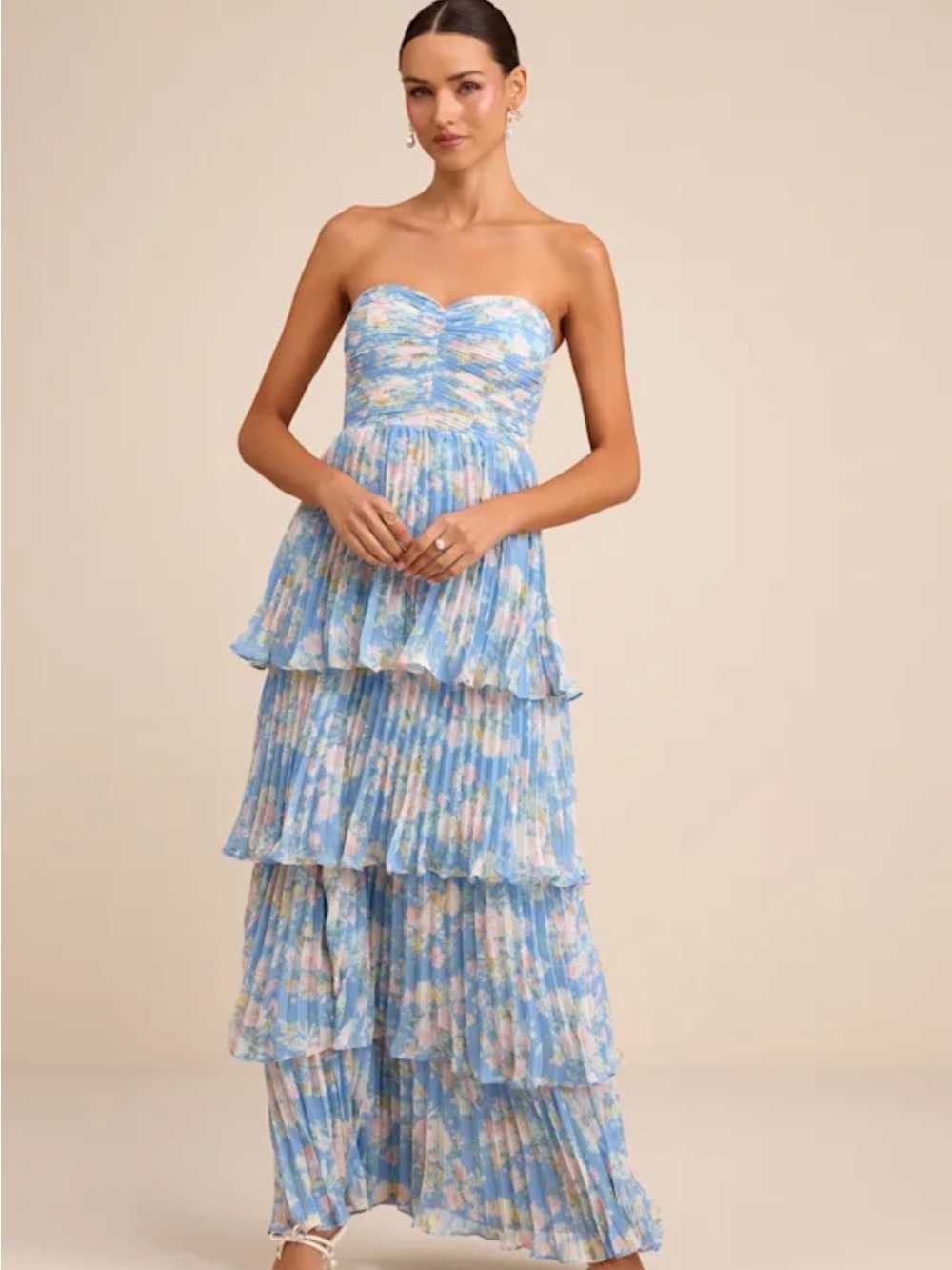 Lulu's Seriously Sensational Blue Floral Strapless Tiered Maxi Dress - Picture 1 of 8